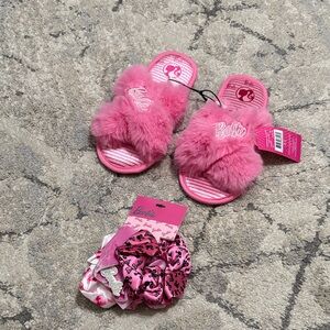 Barbie Plush Pink Kids Slippers and Scrunchies ✨✨